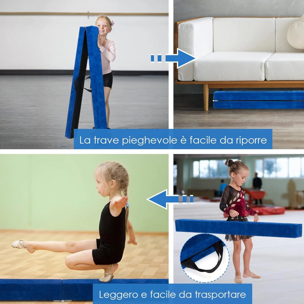 Trave Ginnastica Artistica per Casa 210/240 cm, Trave Pieghevole per Bambini con Maniglia, Base in Legno e Fondo Antiscivolo, Trave di Equilibrio da Pavimento