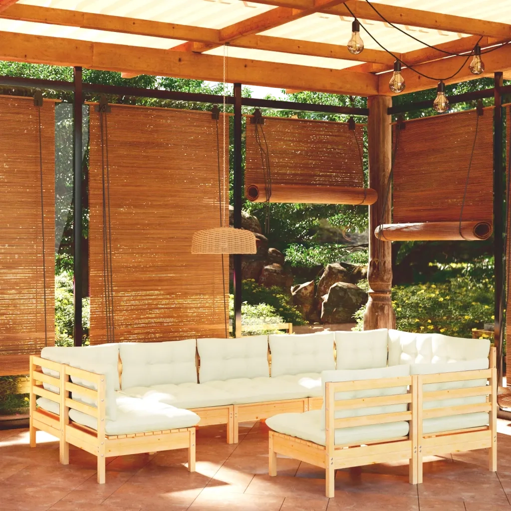 Set Divani da Giardino 9 pz con Cuscini Crema Massello di Pino cod mxl 41396