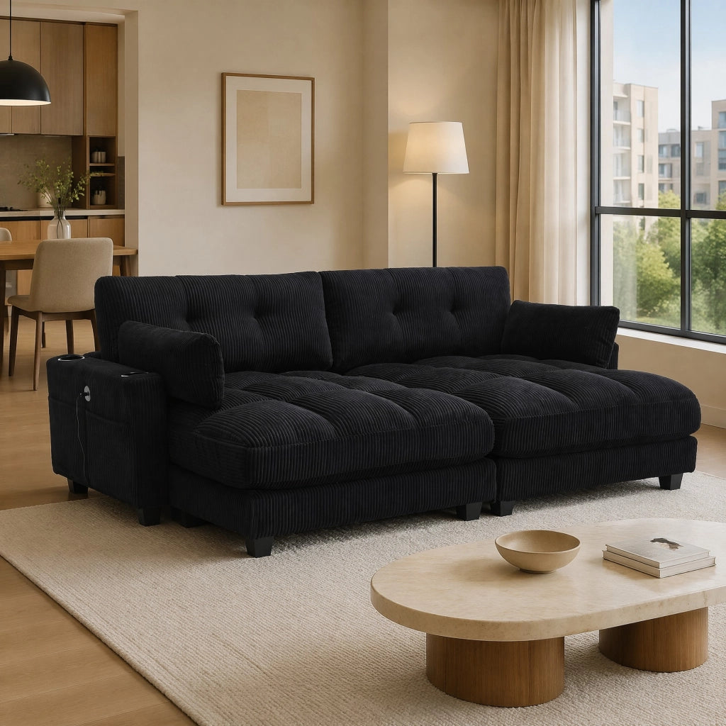SEDIA LOUNGE in corduroy nero con braccioli reversibili, portabicchieri e porte USB
