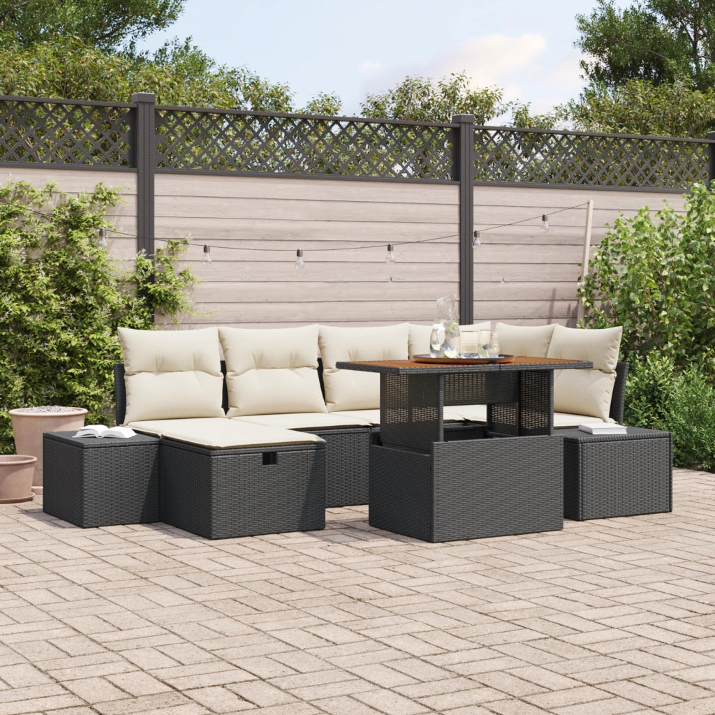 Set da Pranzo da Giardino 7 Pezzi con Cuscini Nero Polyrattan Acacia