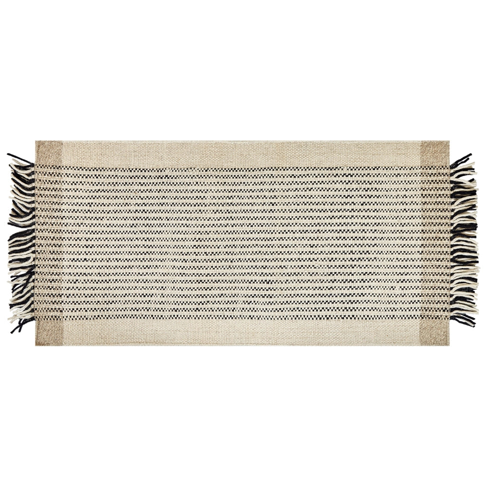 Tappeto beige e nero lana cotone 80 x 150 cm rettangolare intrecciato a mano con frange