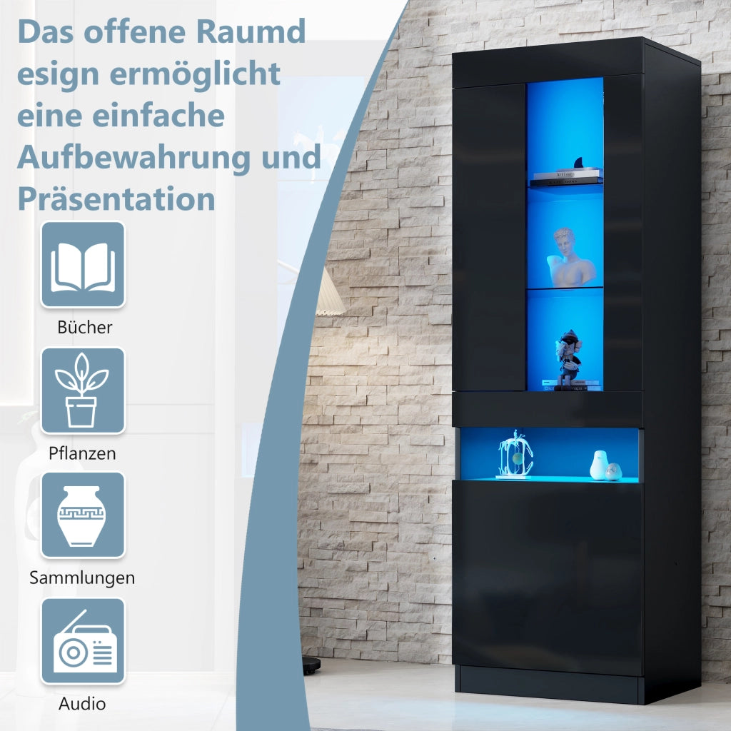 Vetrina con led e 1 anta semicoperta, 2 ripiani in vetro e vani aperti, stile moderno, per soggiorno e ufficio, nero, 50 × 40 × 180 cm