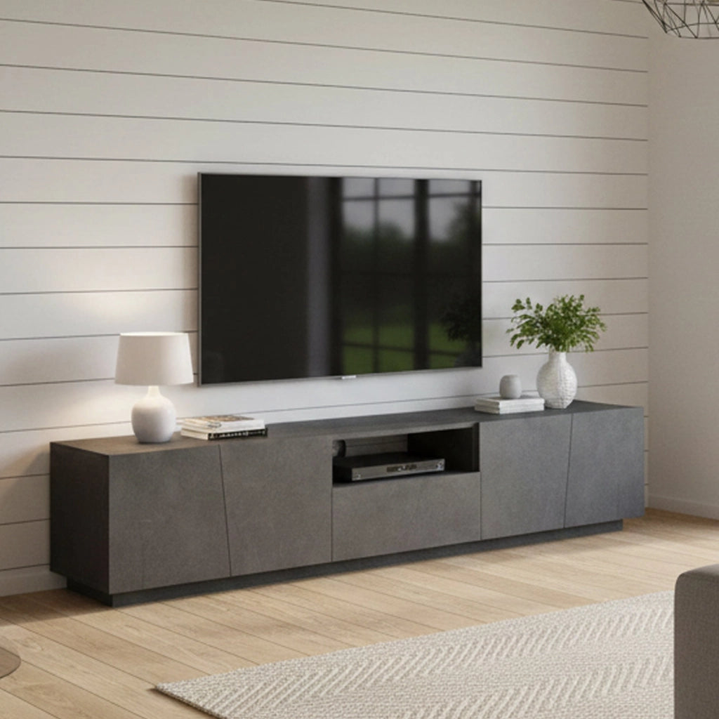 Mobile da soggiorno Porta Azzurras, Made in Italy, Credenza per Azzurras da salotto a 4 ante e 1 cassetto, cm 220x43h46, Grigio Ardesia, con luce LED bianca