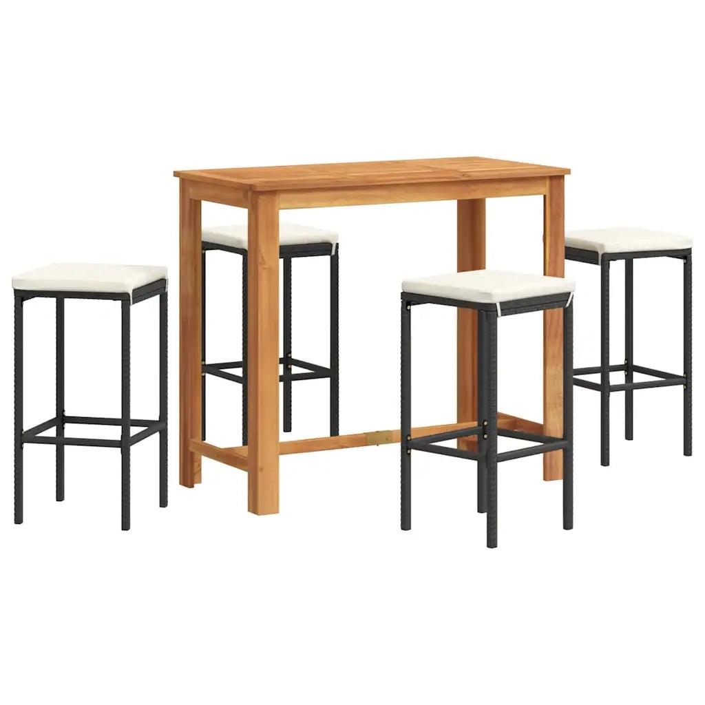 Set Bar da Giardino 5 pz | Set Salotto da Giardino Nero in Legno Acacia e Polyrattan