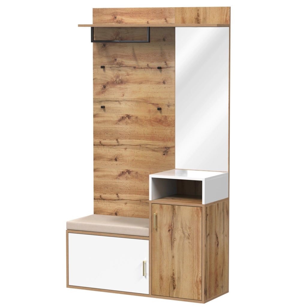 Set mobili da ingresso con specchio, panca, scarpiera e appendiabiti, in MDF bianco e legno