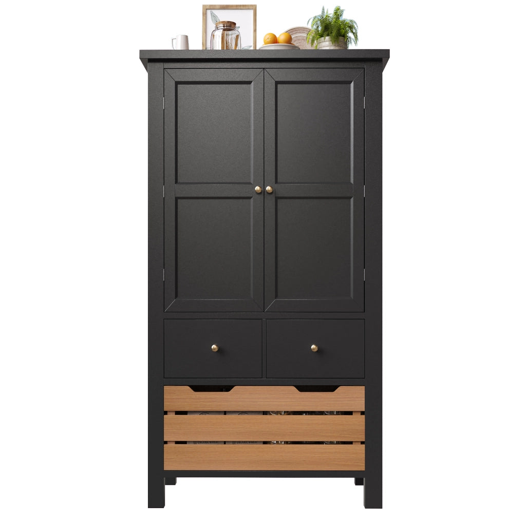 Credenza alta da cucina 80x40x140 cm nera con 2 ante e 5 cassetti