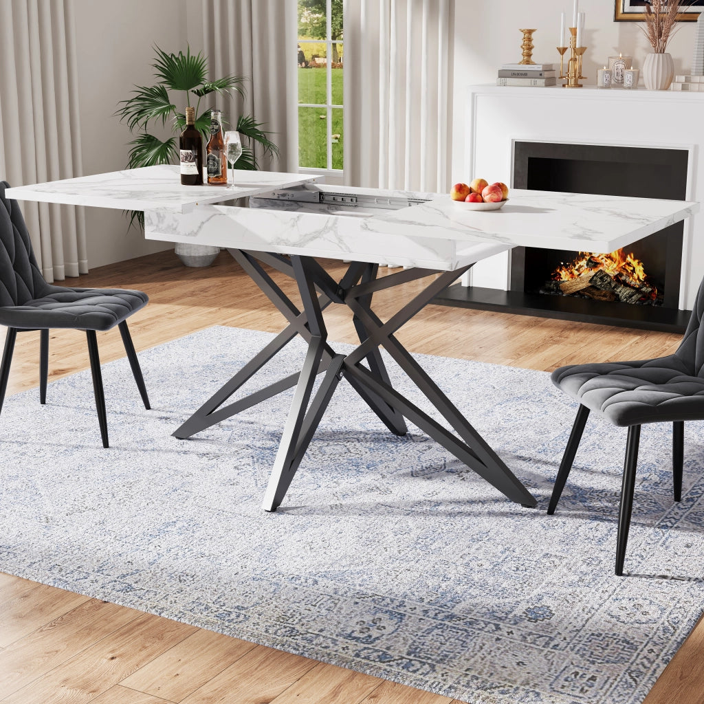 Tavolo da pranzo allungabile con 4 sedie, piano in MDF effetto marmo, per cucina e sala da pranzo, bianco