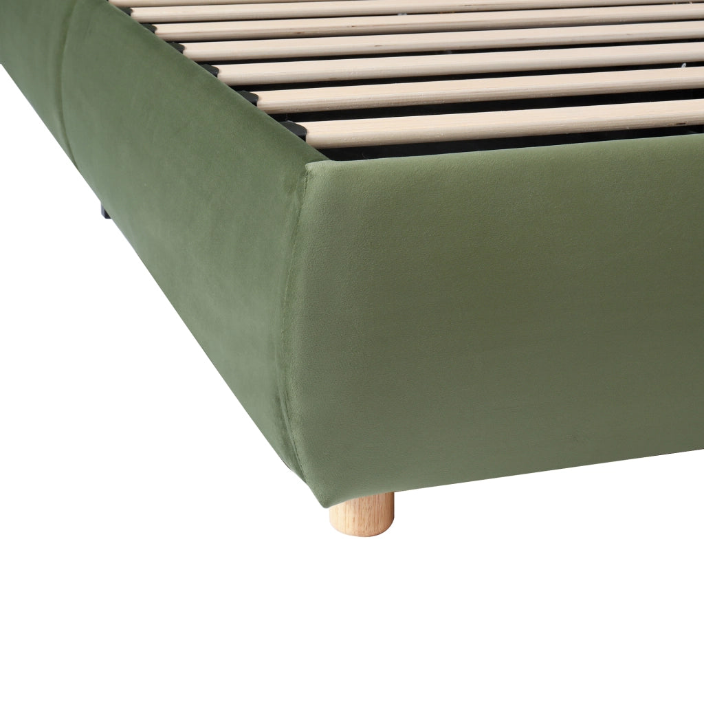 Letto imbottito per bambini con contenitore, rete a doghe, velluto verde