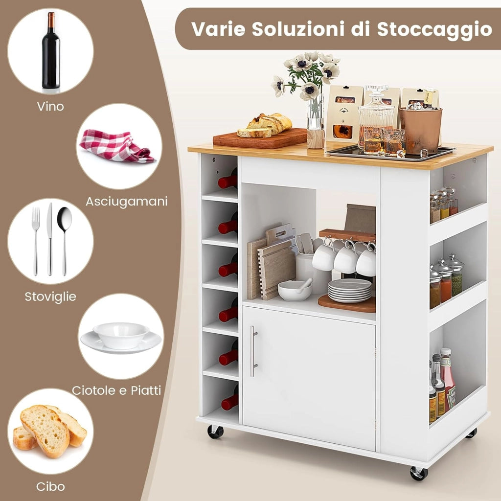 Carrello da Cucina con Ruote, Isola da Cucina con Scomparti Portabottiglie a 6 Scomparti, Portaspezie e Portasciugamani, 76x44x89 cm (Bianco)