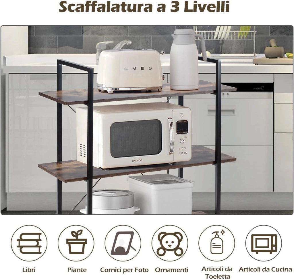 Libreria Stile Industriale, Scaffale con 3 Ripiani per Piante e Fiori, Scaffale Libreria con Struttura in Metallo, Mobile Multiuso da Soggiorno Camera da Letto Cucina Ufficio