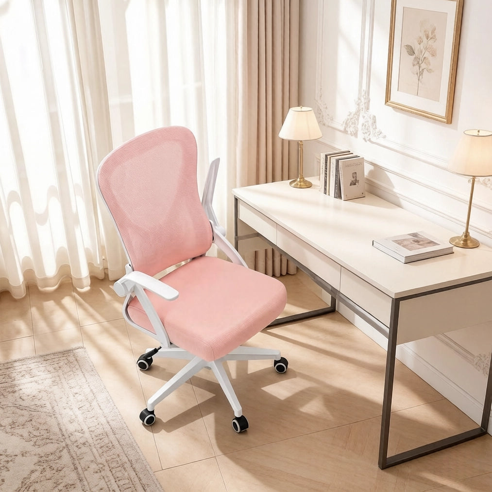 Sedia da ufficio ergonomica rosa girevole con braccioli pieghevoli