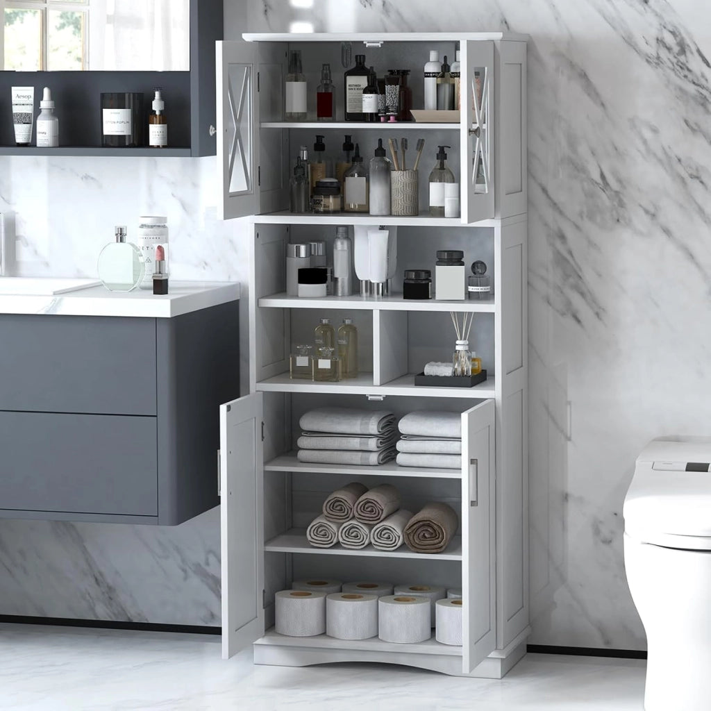 Armadietto da Bagno Slim con 4 Ante, Ripiano Regolabile e 3 Scomparti Aperti, Mobile Alto per Bagno e Soggiorno, Moderno，2 Colori