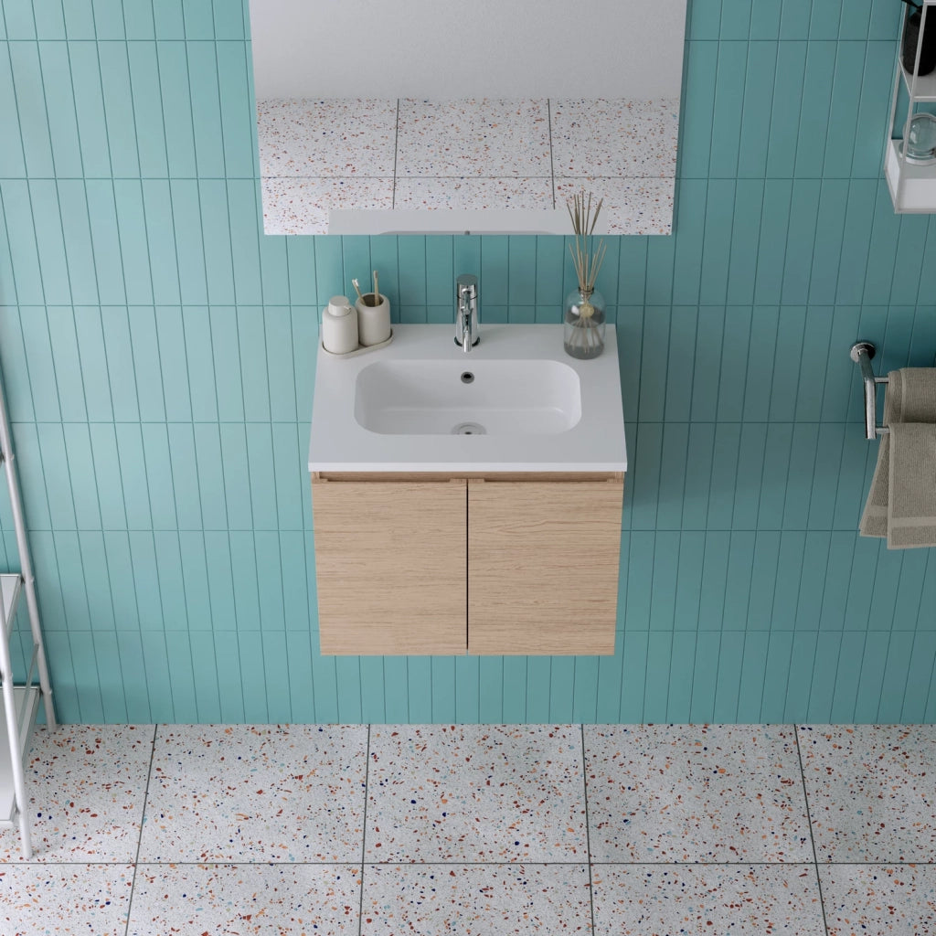 Mobile da bagno sospeso 60cm rovere chiaro con lavabo e specchio | Rata