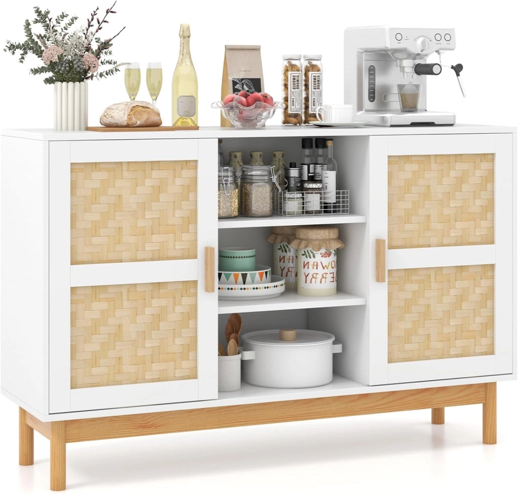 Credenza Buffet da Cucina, Mobile da Cucina con 2 Porte Intrecciate in Bambù, 3 Ripiani Aperti, per Cucina, Sala da Pranzo, Soggiorno e Ingresso, 120 x 35 x 78 cm