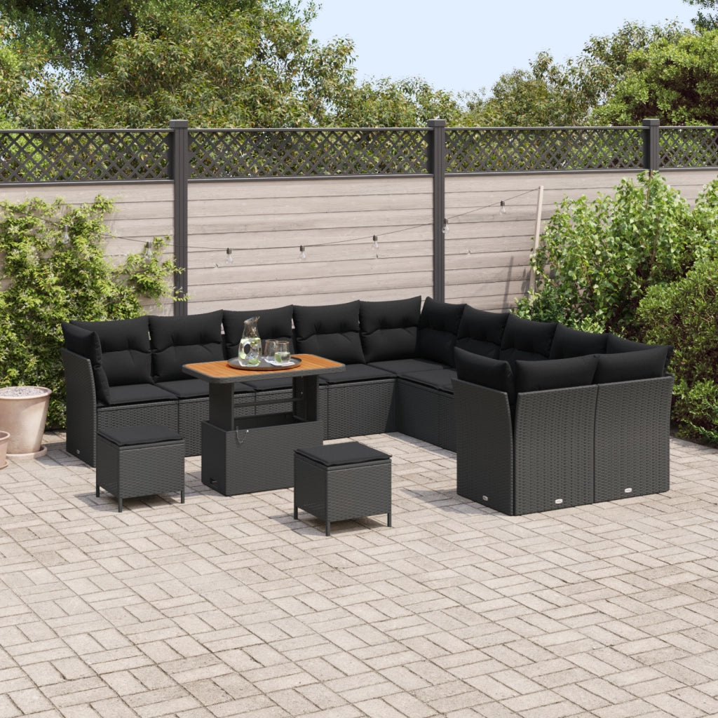 Set Divano Giardino 13 Pezzi con Cuscini Rattan Nero Acacia