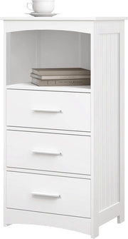 Mobile da Bagno Autoportante 3 Cassetti, Cassettiera con 1 Piano e 1 Scomparto a Giorno, Maniglie Argentate, per Ingresso, Soggiorno, Camera da Letto, in MDF, 40x26,5x80cm, Bianco