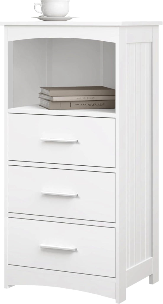 Mobile da Bagno Autoportante 3 Cassetti, Cassettiera con 1 Piano e 1 Scomparto a Giorno, Maniglie Argentate, per Ingresso, Soggiorno, Camera da Letto, in MDF, 40x26,5x80cm, Bianco