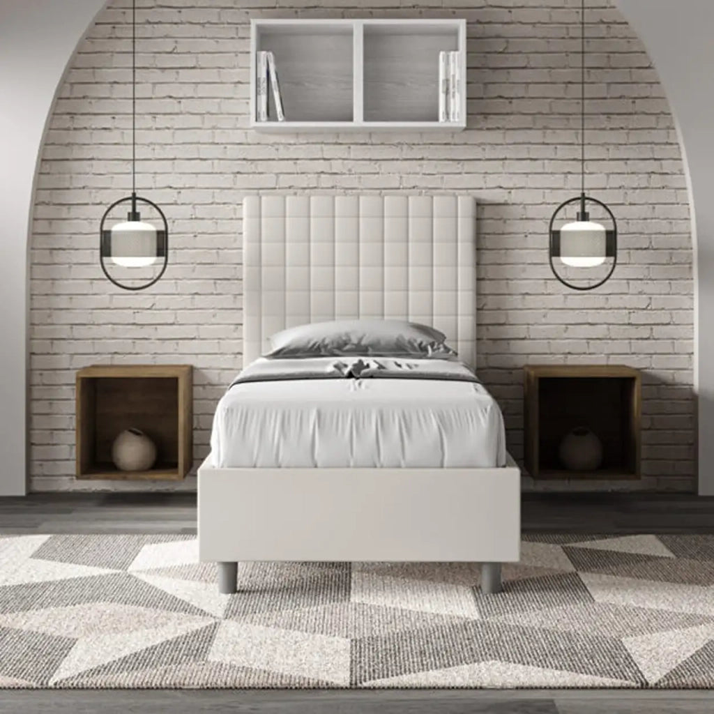Letto singolo contenitore imbottito 80x190 similpelle bianco Sunny