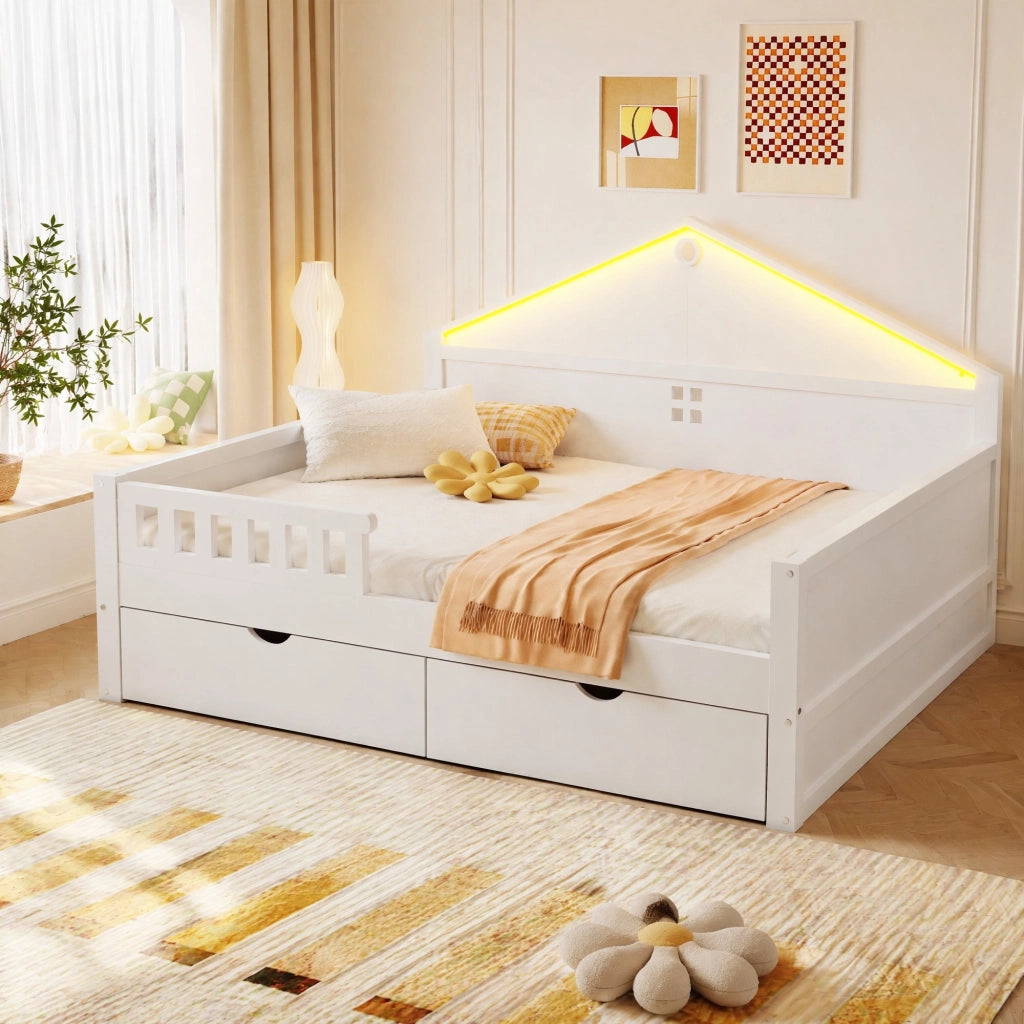 Letto multifunzione per materasso 140×200 cm con striscia LED e 2 cassetti; legno massello e MDF; bianco