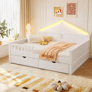 Letto multifunzione per materasso 140×200 cm con striscia LED e 2 cassetti; legno massello e MDF; bianco