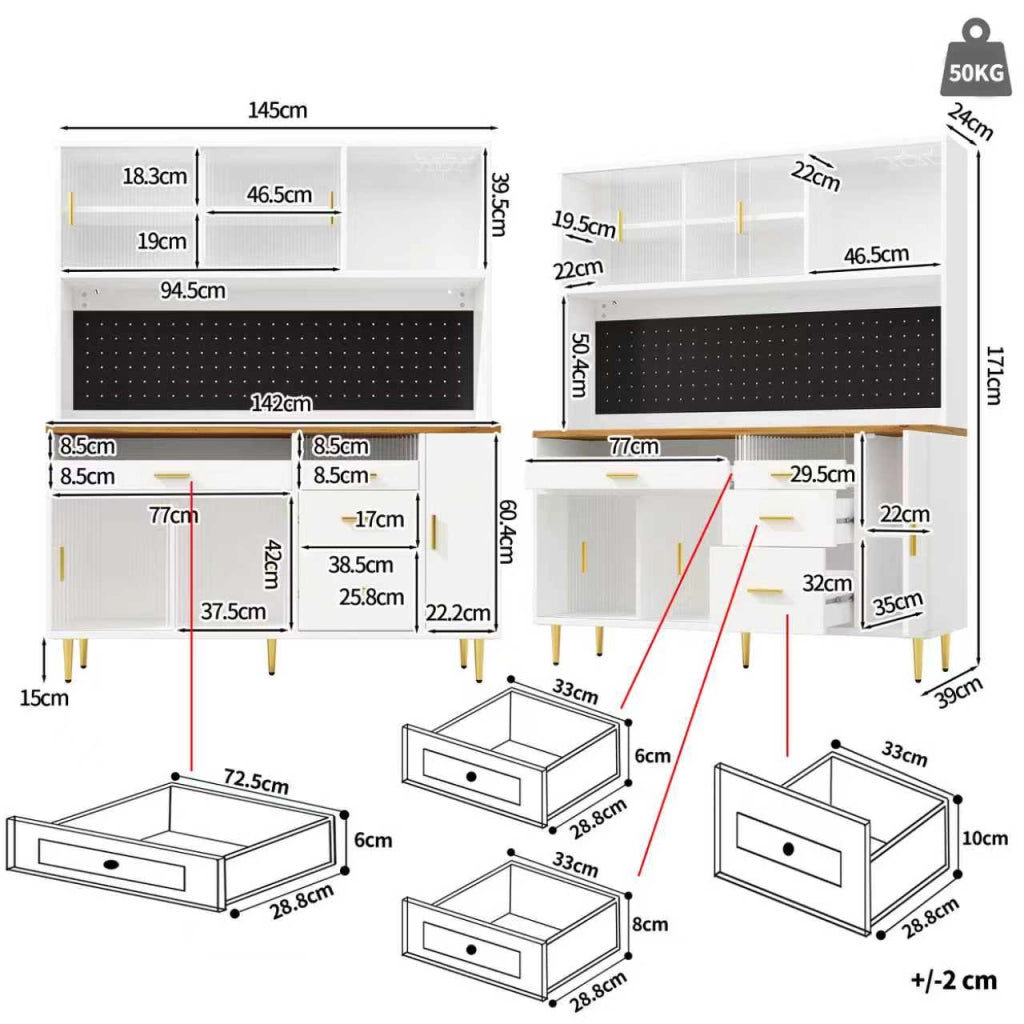 Credenza alta da cucina con 1 porta scorrevole in vetro; ripiani regolabili; pannello forato e LED; in MDF; 145 x 39 x 171 cm; Bianco