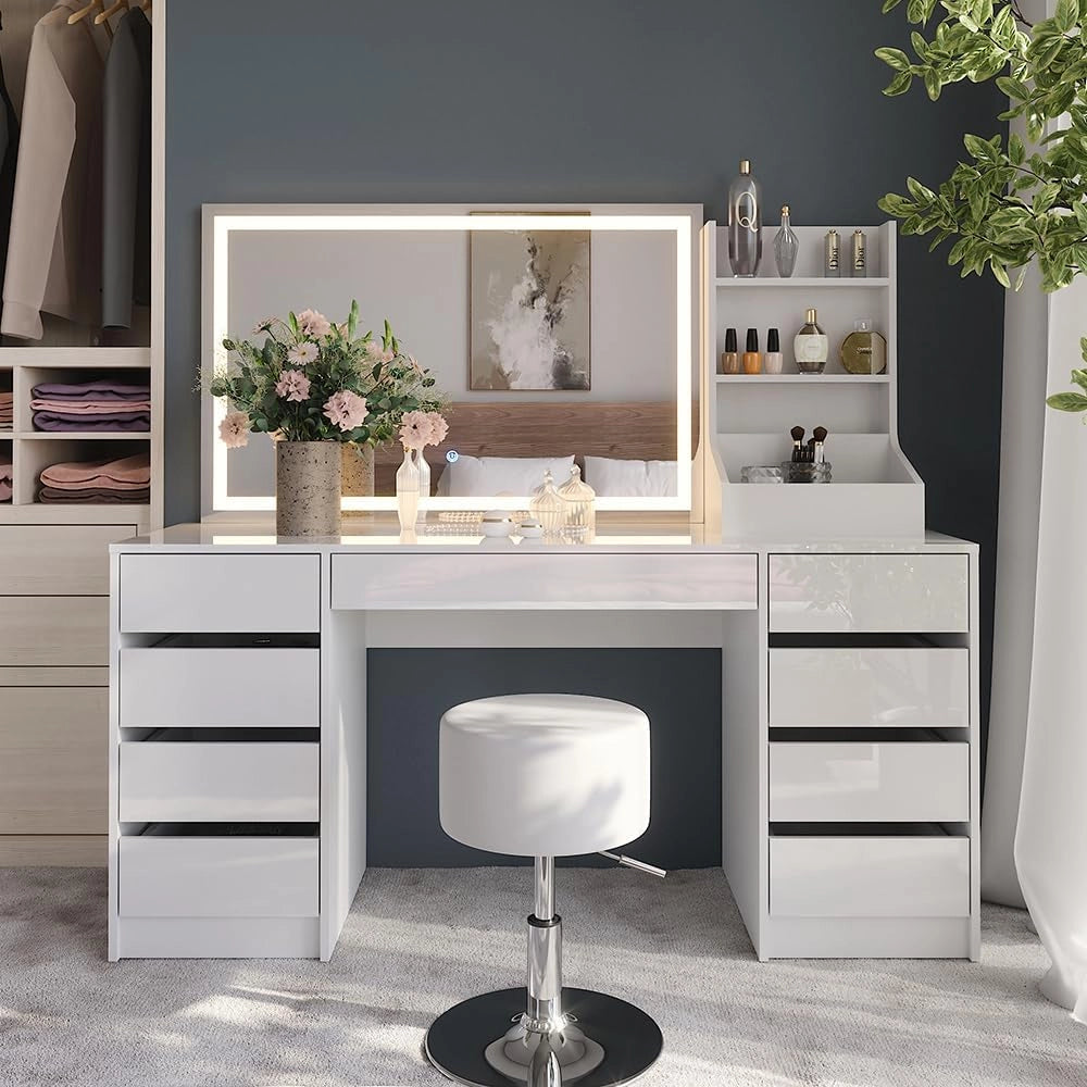 Tavolo da toeletta Sherry, Bianco/bianco lucido, 158.2 cm 4 parti