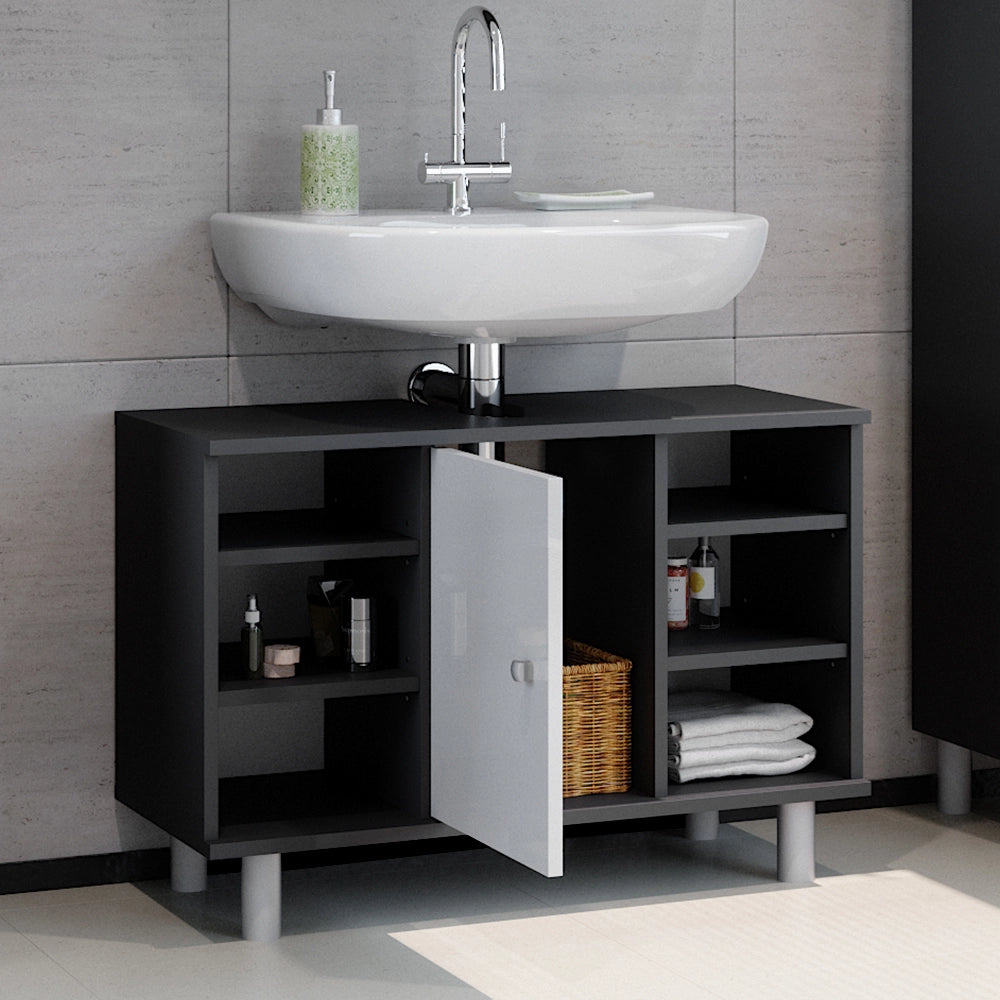 Mobiletto per lavabo Fynn Antracite/Bianco lucido 80 x 54 cm con 6 ripiani Vicco