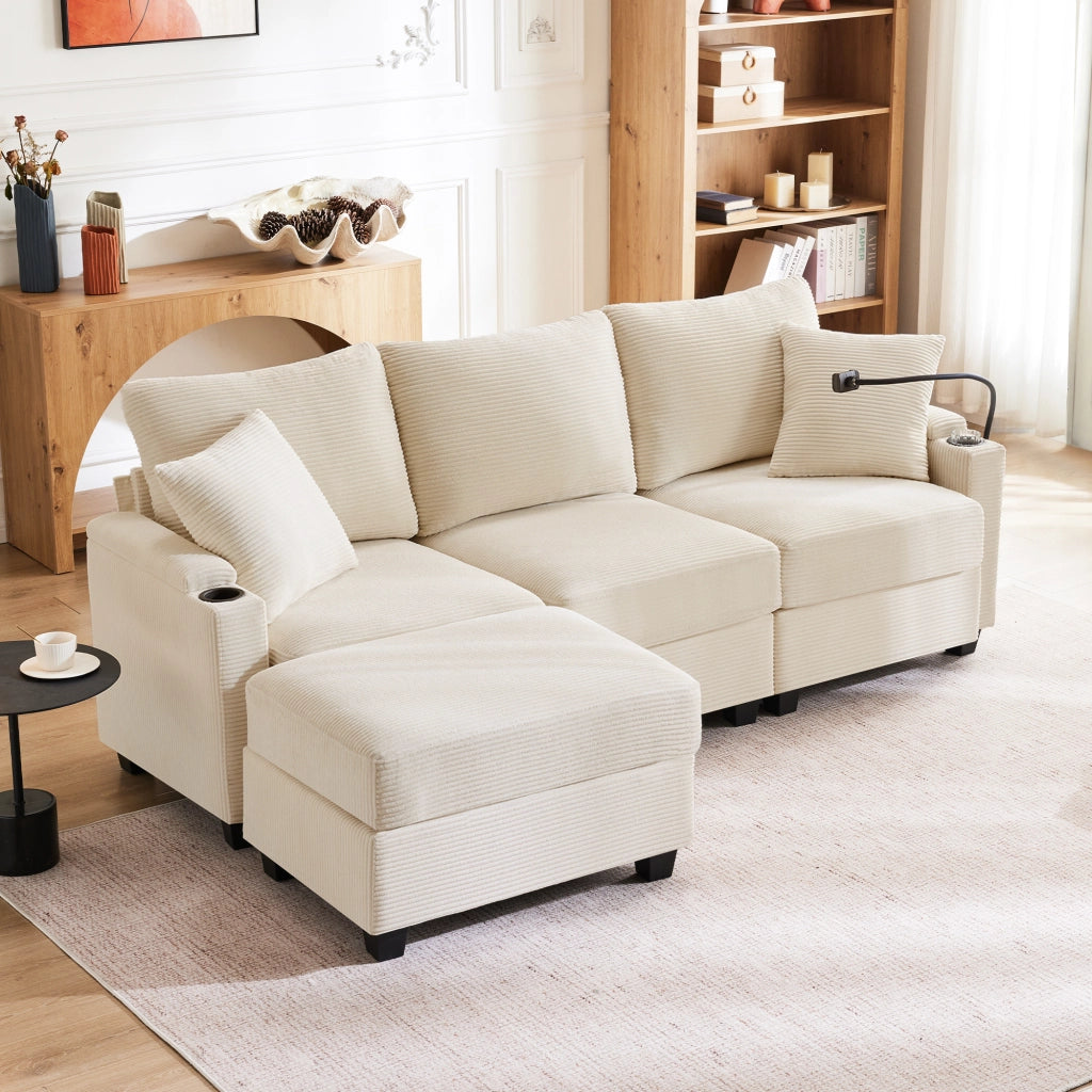 divano angolare reversibile 3 posti con pouf; portaoggetti; usb e tasche; in velluto a coste beige