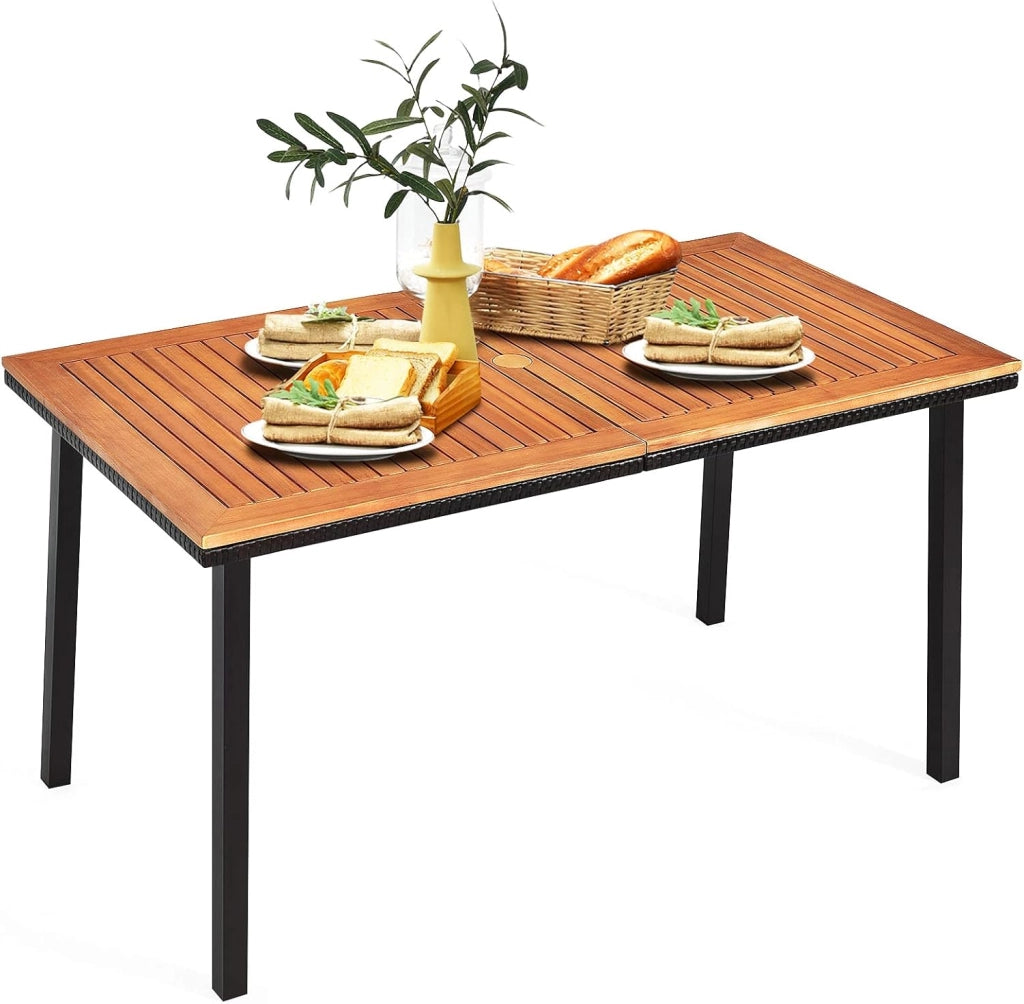 Tavolo da Pranzo in Legno di Acacia Rettangolare, Tavolo da Giardino con Foro per Ombrellone in Design Industriale,140 x 75 x 76 cm