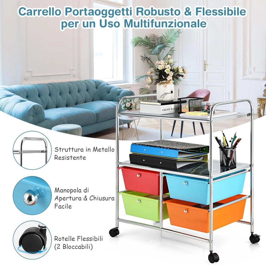 Carrello con 4 Cassetti e 2 Ripiani, Carrello Portaoggetti con Ruote per Cucina Bagno Ufficio, Multiuso, 58,5x37x75 cm (Colorato 2)