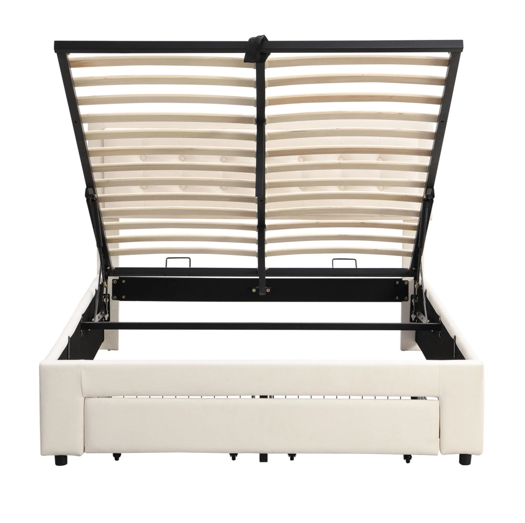 Letto imbottito contenitore in velluto beige con testiera regolabile e 2 cassetti