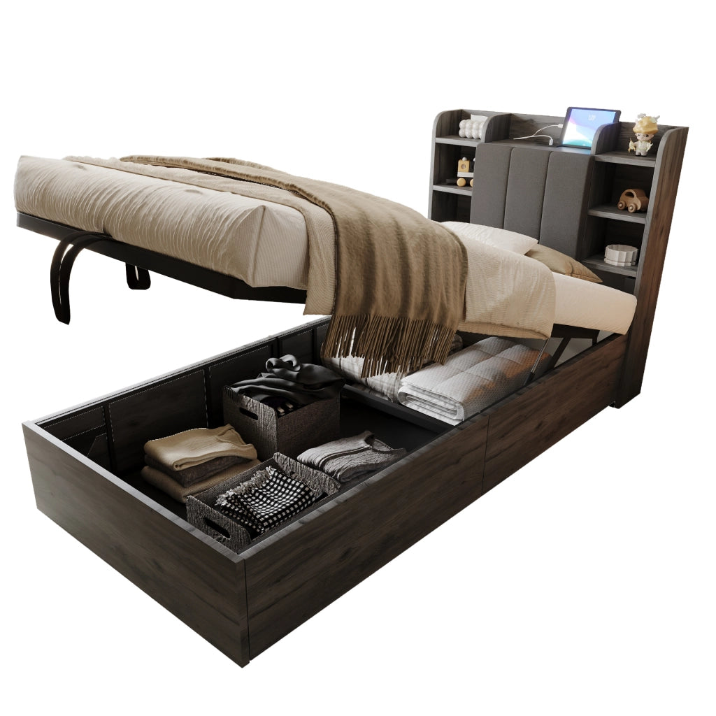 Letto 90x200 cm con contenitore idraulico; testiera con vani e presa USB e Tape-C in MDF grigio