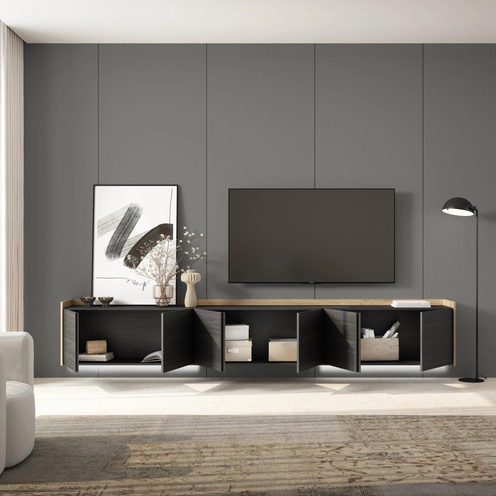 Mobile TV Soggiorno, 309x50x35 cm, Per TV fino a 80", Sospeso, da appendere, LED, Nero e rovere