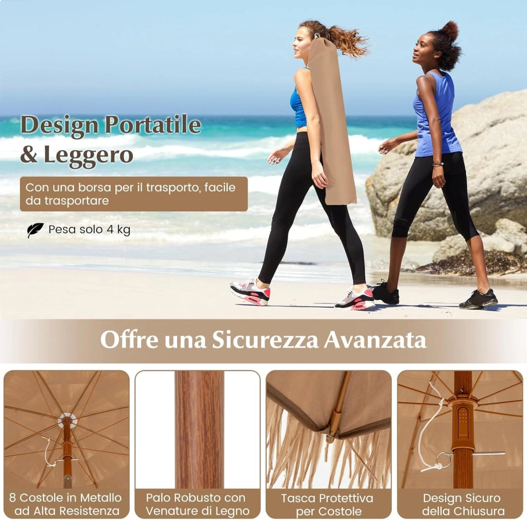 Ombrellone in Paglia PP da 200 cm, Ombrellone da Spiaggia Hawaiano con Inclinazione Regolabile, con Base Pieghevole, Borsa per il Trasporto, per Giardino Piscina