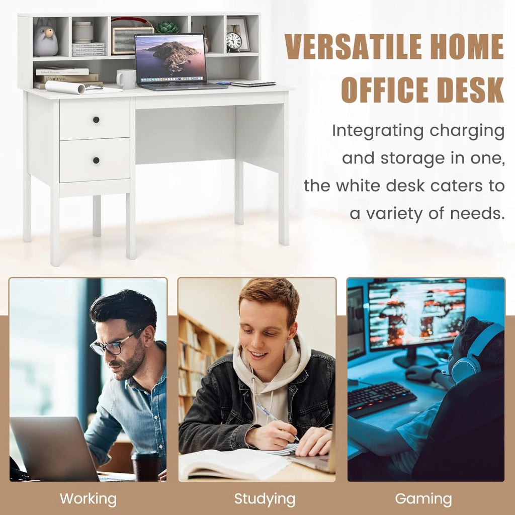Scrivania con porte di ricarica USB, tavolo per computer da 120 cm con cassetti e cabina da 5 cubi, tavolo da studio, tavolo da lavoro per ufficio, camera da letto, bianco