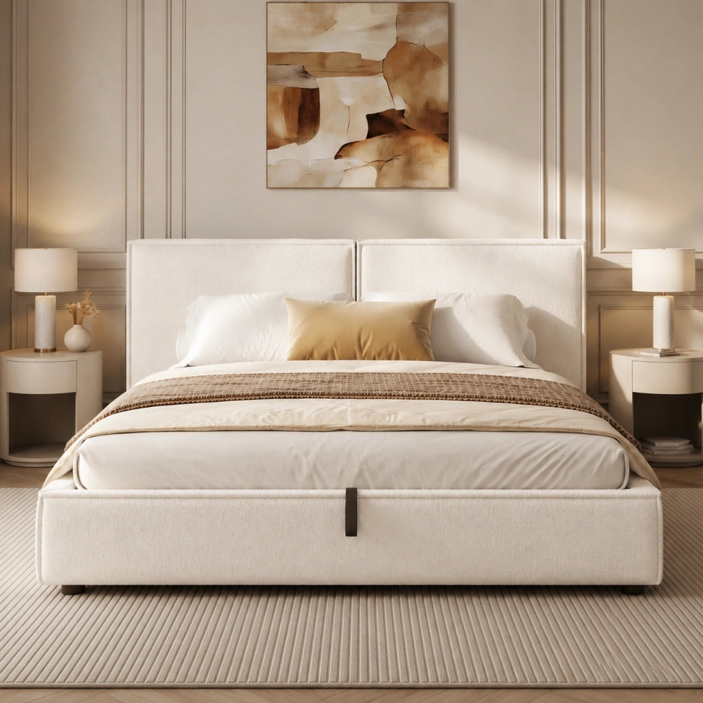 Letto Contenitore 180 x 200 cm; Letto Matrimoniale - Testiera Imbottita - Bianco