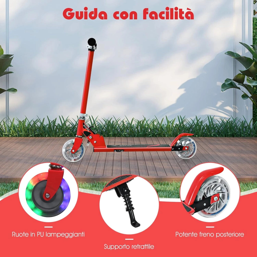 Monopattino Bambini, Monopattini a Spinta Pieghevole e Regolabile in 3 Altezze, con 2 Ruote Lampeggianti, Freno e Cavalletto, Portata 70 kg