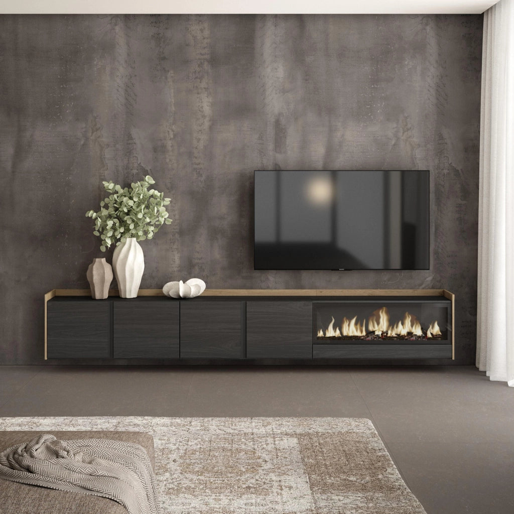 Mobile TV Soggiorno, 315x50x35 cm, Per TV fino a 80", Camino elettrico XXL, Sospeso, da appendere, Nero e rovere