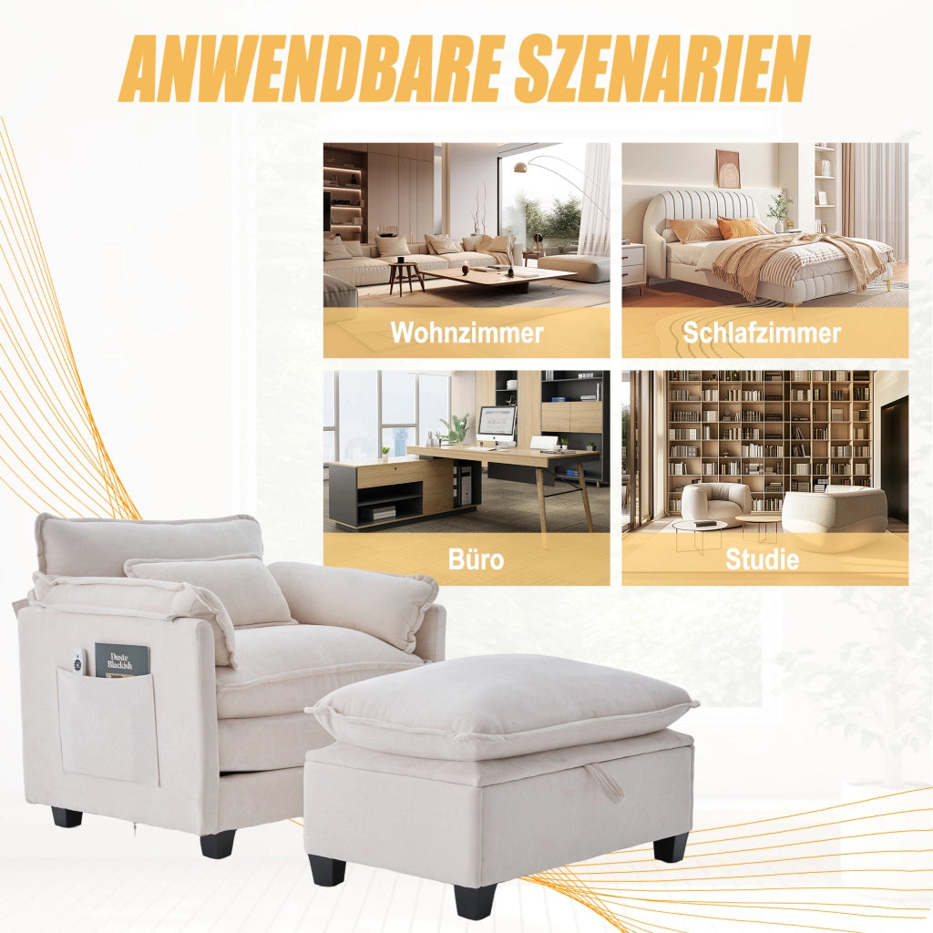 OKWISH Poltrona con Poggiapiedi, Seduta Ampia con Vano Contenitore e Tasca Laterale, Schienale Imbottito, Ciniglia Beige