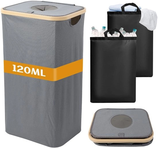 Contenitore di raccolta di bottiglie vuote XXL, 120 L, con 2 tasche interne rimovibili e impermeabili, raccolta di bucato pieghevole con coperchio per abbigliamento, giocattoli (grigio)