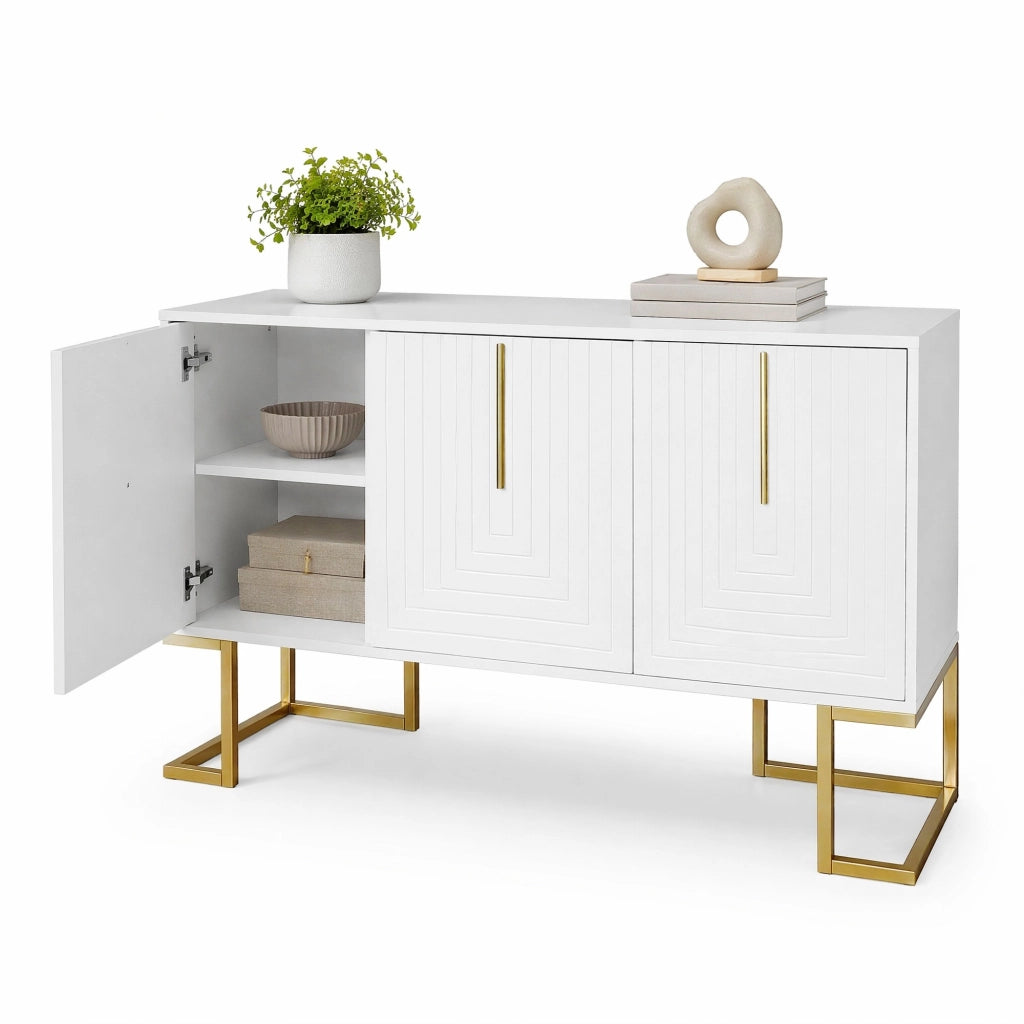 Sideboard moderno con 3 ante, ripiani regolabili, maniglie in metallo e base a U, bianco