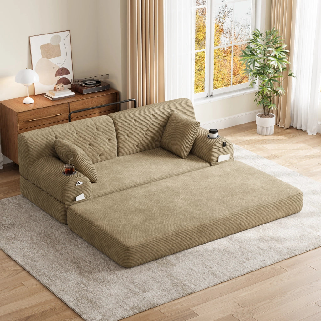 Divano letto 2 posti in corduroy con schienale alto, 4 tasche laterali, 2 portabicchieri, struttura in metallo, khaki