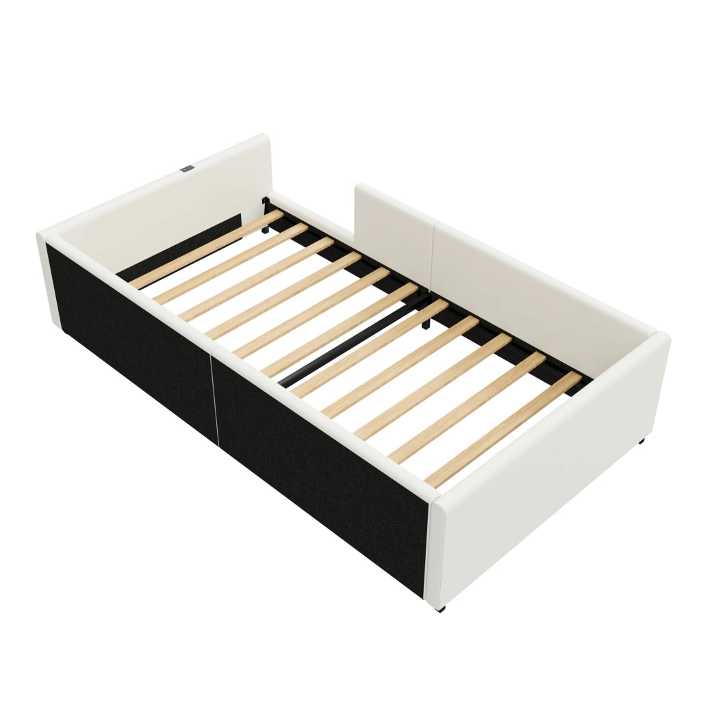 Letto singolo imbottito 90×200 cm con barriera di sicurezza, porte USB e USB-C, senza materasso, bianco