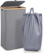 Cestino da Lavanderia Opacos 100L con Copertura e Maniglie in Bamboo - Grande Cestino da Lavanderia con Sacco di Stoffa - Grigio - 54 * 33 * 29cm
