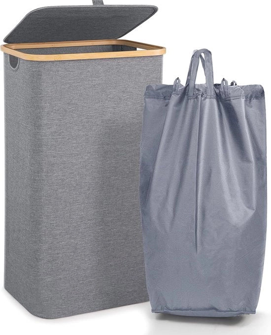 Cestino da Lavanderia Opacos 100L con Copertura e Maniglie in Bamboo - Grande Cestino da Lavanderia con Sacco di Stoffa - Grigio - 54 * 33 * 29cm