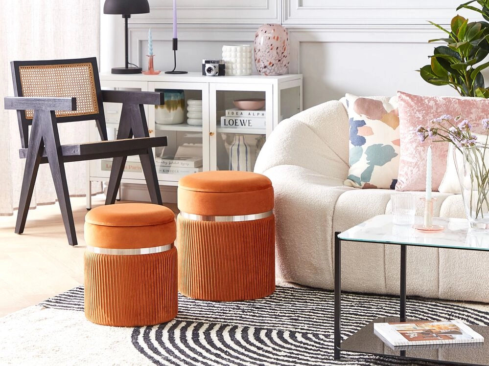 Set di 2 pouf Velluto arancione Fasce metalliche Glamour Contenitori interni Soggiorno Camera da letto