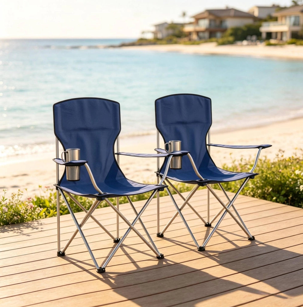 Set di 2 sedie da campeggio pieghevoli con portabicchiere; schienale alto; blu e grigio