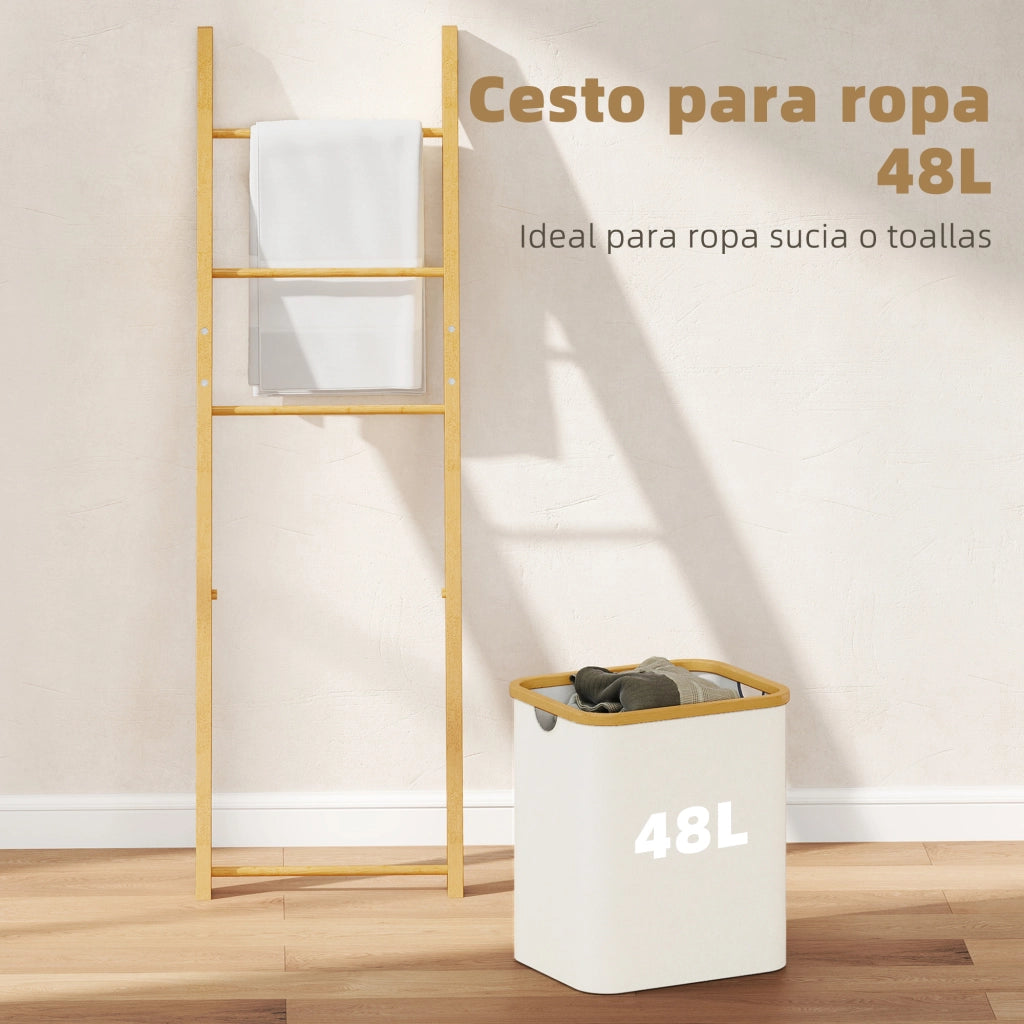 Mobile Bagno in Bamb¨´ con Cesto e Portasciugamani ¨C zephmum ¨C Crema 48L