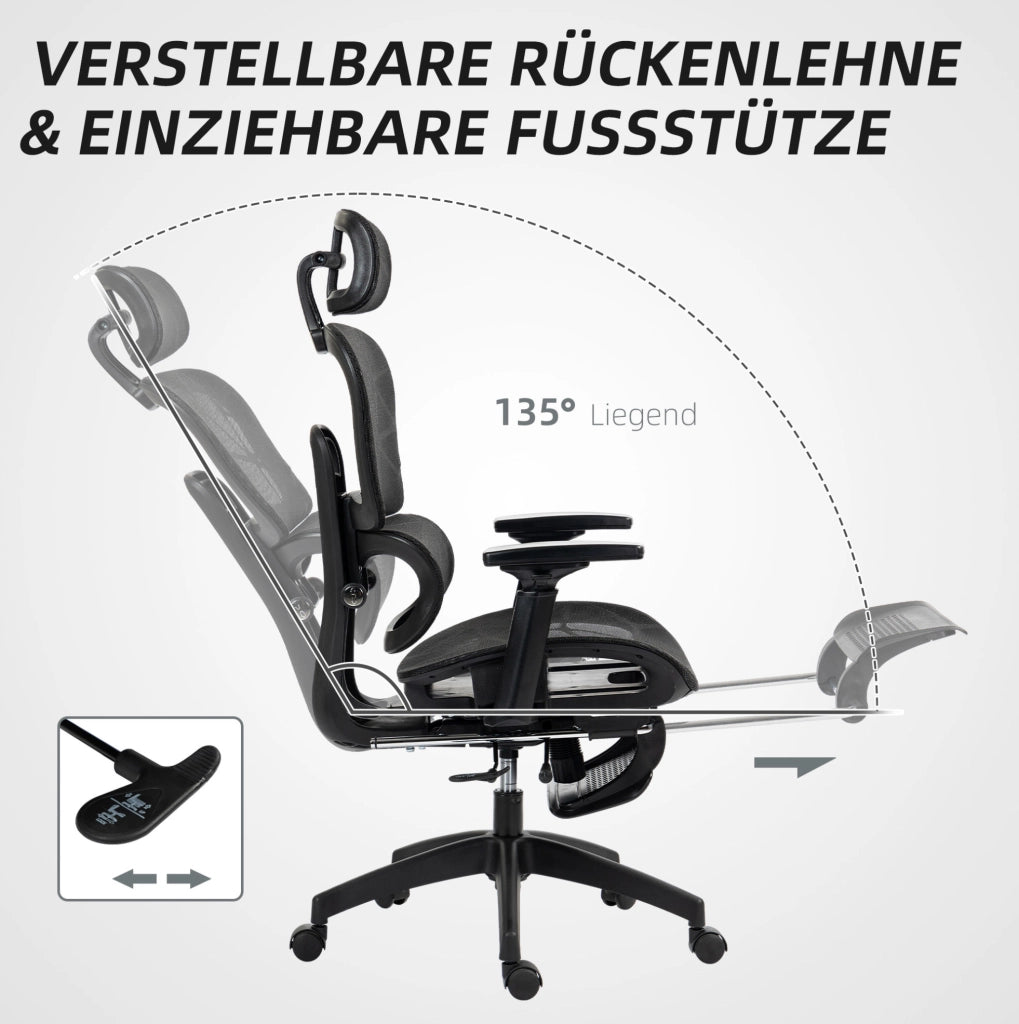 Sedia da ufficio ergonomica nera in rete con poggiapiedi