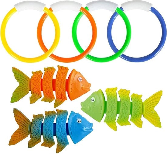 Giocattoli per immersione per bambini - Attrezzatura per nuoto per piscina - Estate - 3 pezzi di pesci da immersione e 4 pezzi di anelli da immersione